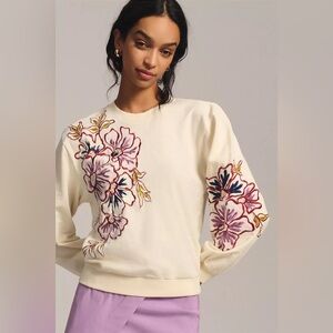 By Anthropologie Womens Appliqué Sweatshirt Size XL Cream Floral Embroidery